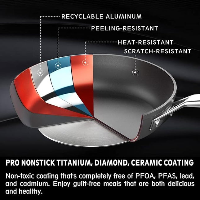 MsMk Nonstick Frying Pan, 12 InchTitanium and Diamond Non Stick Pan, Sturdy and Durable Skillet Nonstick, for Various Stove Type, Dishwasher Safe For Home Use