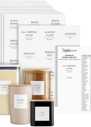 Talented Kitchen Pantry Labels for Containers - 144 Matte Vinyl Stickers, 2.5 x 2.5 in, Black on White, Water Resistant - Food Labels & Ingredient Stickers for Spice Jars & Baking Organization