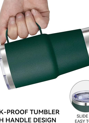 VEGOND 20 oz Tumbler with Handle Lid and Straw, Stainless Steel Insulated Travel Coffee Mug Spill Proof Double Wall Metal Tumbler Cup Keeps Drink Hot and Cold, Dark Green 1 Pack