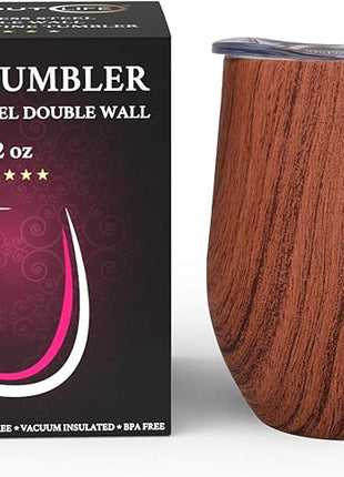 CHILLOUT LIFE 12 oz Stainless Steel Wine Tumbler with Lid - Double Wall Vacuum Insulated Wine Cup Glass Keeping Cold & Hot for Coffee, Champagne, Cocktails, Ice Cream - Wood