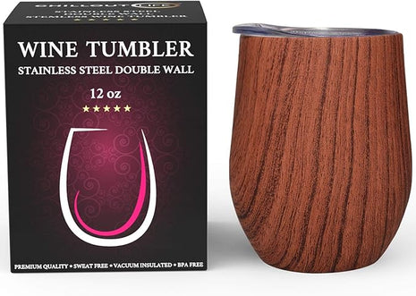 CHILLOUT LIFE 12 oz Stainless Steel Wine Tumbler with Lid - Double Wall Vacuum Insulated Wine Cup Glass Keeping Cold & Hot for Coffee, Champagne, Cocktails, Ice Cream - Wood