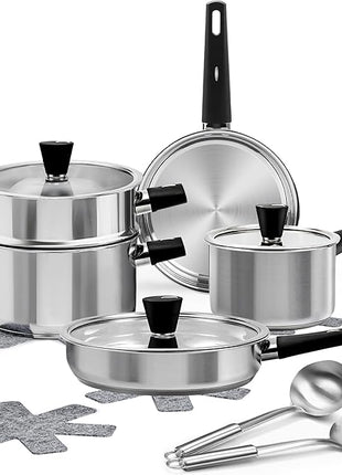 Meythway 14-Piece Stainless Steel Cookware Set for Induction Stovetops – Non-Toxic Pots & Pans with Stay-Cool Handles, Glass Lids, Steamer, Pot Mats & Utensils – Dishwasher Safe Kitchen Cookware
