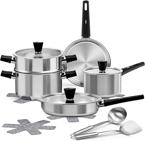 Meythway 14-Piece Stainless Steel Cookware Set for Induction Stovetops – Non-Toxic Pots & Pans with Stay-Cool Handles, Glass Lids, Steamer, Pot Mats & Utensils – Dishwasher Safe Kitchen Cookware