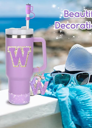 Mity rain 6PCS Cup Accessories Set for Stanley Cup 30oz 40oz tumbler with handle, Including Silicone Straw Topper Cover Cap and Boot, Spill Proof Stopper, Handle Charm, Initials Sticker (Letter W)