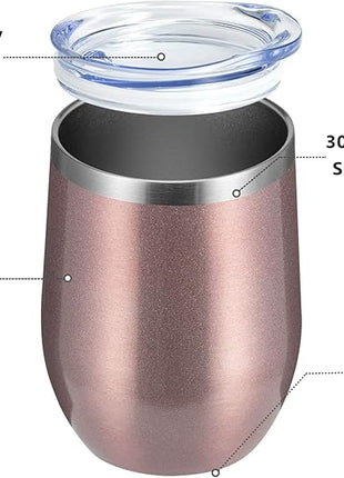 MEWAY 12oz/8 Pack Wine Tumbler Glasses with Lid - Stemless Double Wall Vacuum Stainless Steel Travel Tumbler - Keeping Cold & Hot for Wine,Coffee,Cocktails,Drinks (Rose gold,Set of 8)