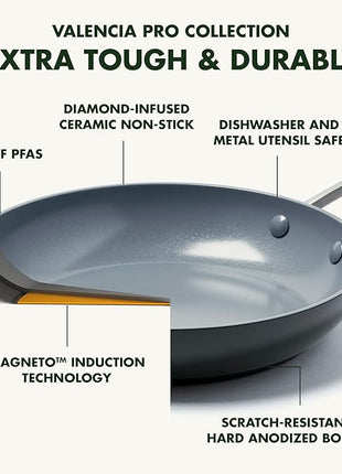 GreenPan 11" Valencia Pro Ceramic Nonstick Frying Pan Skillet, Hard Anodized PFAS-Free Cookware, Induction Ready, Compatible on All Cooktops, Dishwasher & Oven Safe, Stainless Steel Handle, Gray