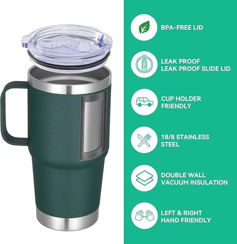 VEGOND 20 oz Tumbler with Handle Lid and Straw, Stainless Steel Insulated Travel Coffee Mug Spill Proof Double Wall Metal Tumbler Cup Keeps Drink Hot and Cold, Dark Green 1 Pack