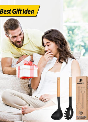 Silicone Pasta Fork and Ladle Spoon Set with Wooden Handle, Heat Resistant Non Stick Kitchen Utensils for Cooking, Stirring, Serving Spaghetti, Soup, Sauce(BLACK)