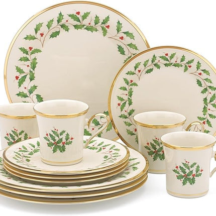Lenox Dinnerware Set, Holiday 12-Piece Set, Service For 4, Porcelain Plate, Berry Motif With 24-Karat Gold Accents, Christmas Dinner Plates, Salad Plates And Mugs, Dishwasher Safe (Assorted, 12 Piece)