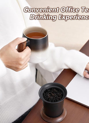 ZENS Tea Mug with Infuser and Lid for Loose Leaf Tea Steeper, 14.5 oz Embossed Ceramic Tea Cup with Fine Strainers and Wood Handle, Diffusers Accessories for Tea Lovers Gifts