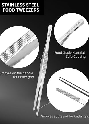 2 Pcs 8.5 Inch Kitchen Tweezers Fine Tweezer Tongs, MSY BIGSUNNY Stainless Steel Food Tweezers Multi-function Cooking Tongs Kitchen Serving Tong