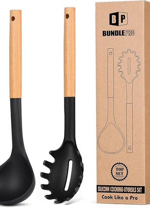 Silicone Pasta Fork and Ladle Spoon Set with Wooden Handle, Heat Resistant Non Stick Kitchen Utensils for Cooking, Stirring, Serving Spaghetti, Soup, Sauce(BLACK)
