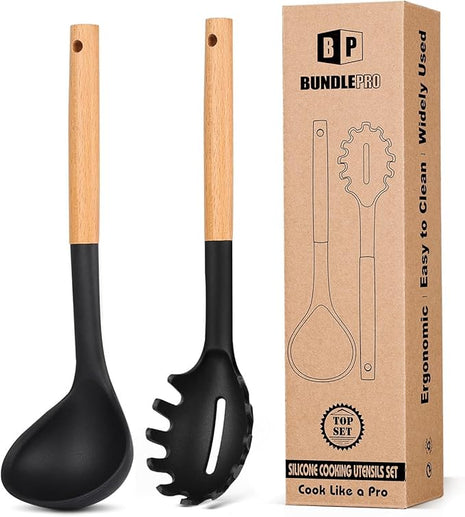 Silicone Pasta Fork and Ladle Spoon Set with Wooden Handle, Heat Resistant Non Stick Kitchen Utensils for Cooking, Stirring, Serving Spaghetti, Soup, Sauce(BLACK)