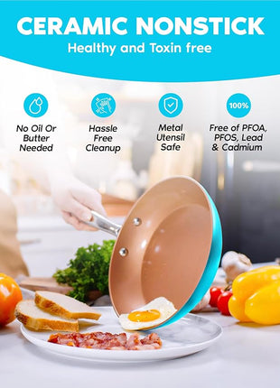 GOTHAM STEEL 20 Piece Copper Pots and Pans Set Nonstick Cookware Set + Complete Ceramic Bakeware Set for Kitchen with Long Lasting Non Stick, Dishwasher/Oven Safe, Non Toxic – Turquoise