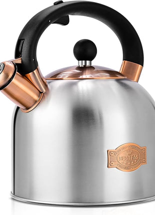 SUSTEAS Tea Kettle - 3.17QT Whistling Kettle with Ergonomic Handle - Premium Stainless Steel Tea Pots for Stove Top, Chic Vintage Teapot with Composite Base, Work for All Stovetops (Silver)