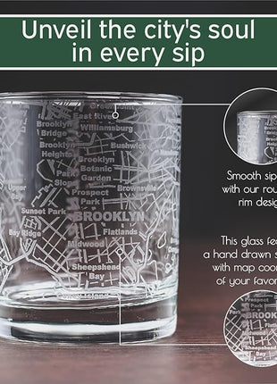 Greenline Goods Whiskey Glasses - 10 Oz Tumbler Gift Set for Brooklyn lovers, Etched with Brooklyn Map | Old Fashioned Rocks Glass - Set of 2