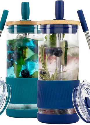 Pandaloo® Glass Cups With Lids and Straws -20 Fl Oz- Perfect Size Iced Coffee Cup - Smoothie Cup With Bamboo Lid and On the go Lid - Glass Tumbler (2 Count (Pack of 1), Intense Teal-Galactic Blue)