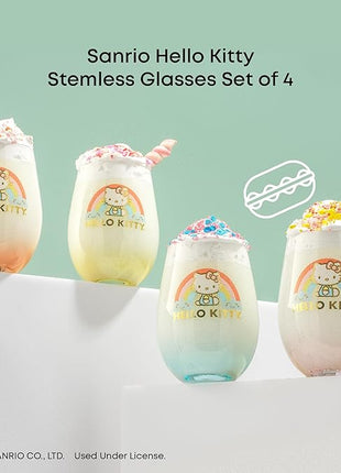 JoyJolt Hello Kitty Sweet Rainbow Stemless Drinking Glasses Set of 4, 19oz Glass Cups, Kawaii Kitchen Glassware Sets, Sanrio Hello Kitty Merch, Teardrop Tumblers for Water, Juice, Coffee, Iced Tea