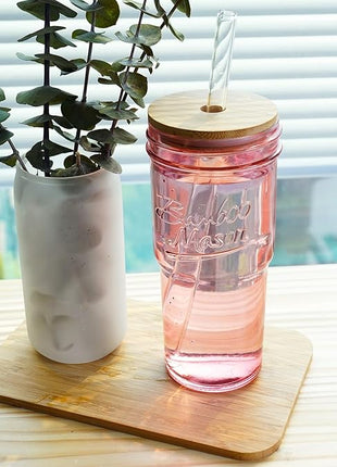 ANOTION Glass Cups with Lids and Straws, 24oz Pink Glass Tumbler Travel Coffee Mug Bamboo Mason Jar Iced Cup Smoothie Tea Clear Cute Water Drinking Jars Glasses
