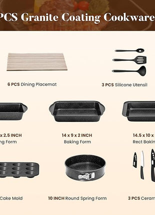 Kitchen Induction Cookware & Bakeware Set - 30 Piece Black Granite Cooking Pans Set, Non-Stick Pots and Pans Set