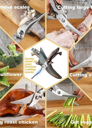 ANDONG Kitchen Scissors, Heavy Duty Professional Poultry Shears, Stainless Steel Spring Loaded, Dishwasher Safe, with Black Leather Sheath