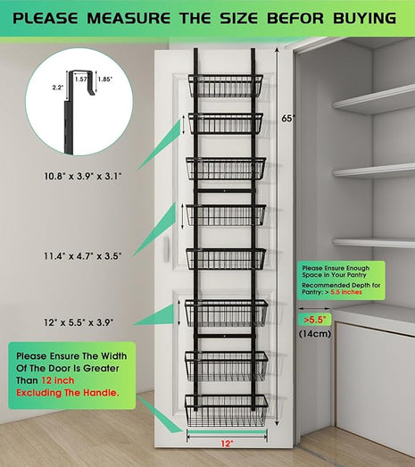 12 Inch Wide Narrow Over The Door Pantry Organizer, Pantry Organization and Storage, Black 8-Tier Metal Hanging Deep Basket Wall Spice Rack Seasoning Shelves, Home & Kitchen Essentials