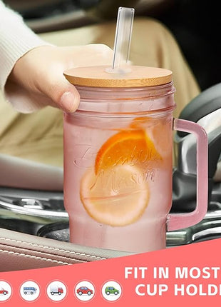 ANOTION Glass Cups with Handle, 24oz Glass Cups with Lids and Straws Travel Coffee Mug Bamboo Mason Jar Iced Cup Smoothie Tea Clear Cute Water Drinking Jars Glasses