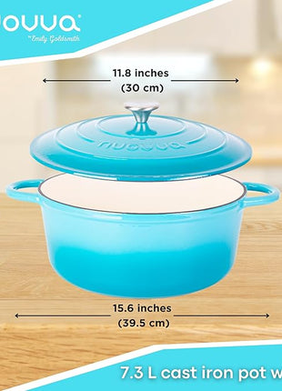 Cast Iron Dutch Oven with Lid – Non-Stick Ovenproof Enamelled Casserole Pot – Sturdy Dutch Oven Cookware – Blue, 7.3-Quart, 30cm – by Nuovva