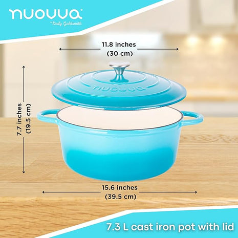 Cast Iron Dutch Oven with Lid – Non-Stick Ovenproof Enamelled Casserole Pot – Sturdy Dutch Oven Cookware – Blue, 7.3-Quart, 30cm – by Nuovva