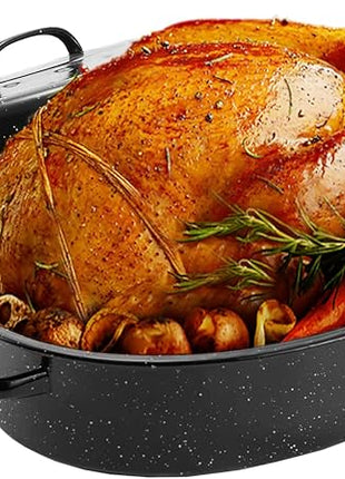 JY COOKMENT 19" Enameled Oval Roasting Pan with Domed Lid - Great for Roasting Turkey, Chicken, Lamb, Vegetables - Dishwasher Safe, Fits 20lb Turkey