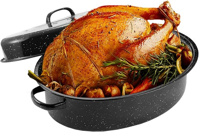 JY COOKMENT Granite Roaster Pan, 18' Enameled Roasting Pan with Domed Lid. Oval Turkey Roaster, Great for Chicken, Lamb, Vegetable. Dishwasher Safe Cookware Fit for 18Lb Turkey