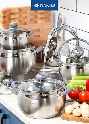 Daniks Modern 10-Piece Stainless Steel Induction Cookware Set – Dishwasher Safe Saucepan, Pots with Heatproof Handles, Glass Lids, Silver