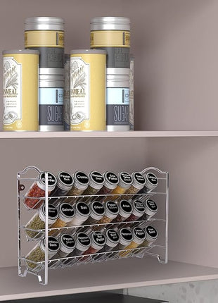 Spice Rack Organizer with 24 Empty Round Spice Jars, 396 Spice Labels with Chalk Marker and Funnel Complete Set, SWOMMOLY Spice Rack for Cabinet, Countertop or Wall Mount, Silver