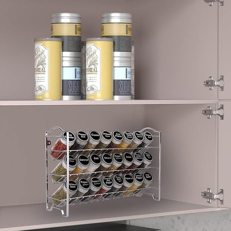 Spice Rack Organizer with 24 Empty Round Spice Jars, 396 Spice Labels with Chalk Marker and Funnel Complete Set, SWOMMOLY Spice Rack for Cabinet, Countertop or Wall Mount, Silver