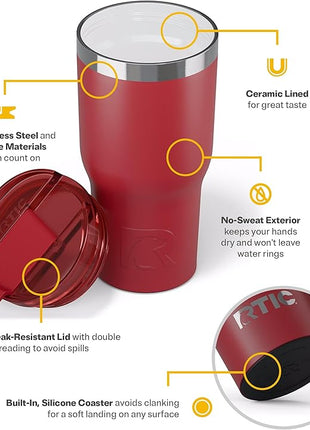 RTIC 20oz Essential Tumbler with Lid, Ceramic Lined, Insulated, Stainless Steel, Metal, Double Wall Vacuum-Insulation, Travel Cup for Iced Coffee, Tea, Hot and Cold Drink, Flag Red