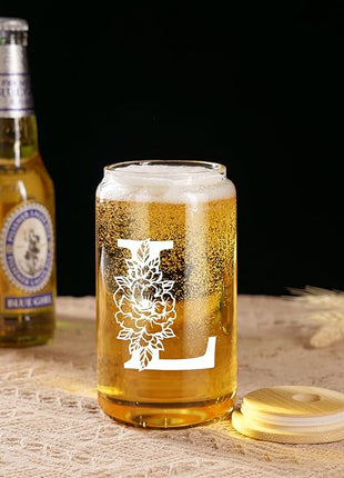 Coolife Initial Glass Cup, Monogrammed Gifts for Women, 16 oz Glass Cups w/Lids Straws, Iced Coffee Smoothie Beer Tumbler w/Straw Lid - Personalized Christmas, Birthday Gifts for Her Mom Friend Woman