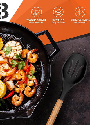 Large Silicone Cooking Spoons, 2 Pack Nonstick Solid and Slotted Wooden handle Spoon Set, Heat Resistan Silicone Kitchen Spoons for Cooking, Serving, Basting, Mixing (Black)