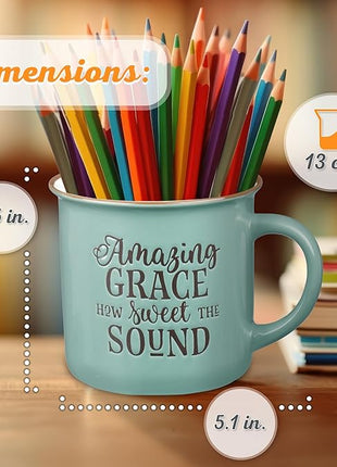Christian Art Gifts Mint Green Camp Style Ceramic Coffee Mug – 13 oz. Microwave and Dishwasher Safe Novelty Drinkware Inspirational Scripture Coffee and Tea Mug with Worship Hymn Song: Amazing Grace
