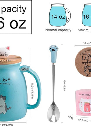 Cute Cat Cup Ceramic Coffee Mug with Kawaii Cat Wooden Lid, Lovely Stainless Steel Spoon, Anime Kitty Thicken Wooden Coaster, Christmas Birthday Cute Thing Japanese Mug 16oz (Blue)