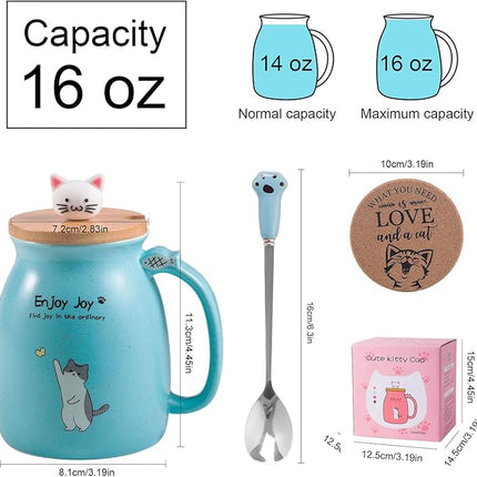 Cute Cat Cup Ceramic Coffee Mug with Kawaii Cat Wooden Lid, Lovely Stainless Steel Spoon, Anime Kitty Thicken Wooden Coaster, Christmas Birthday Cute Thing Japanese Mug 16oz (Blue)