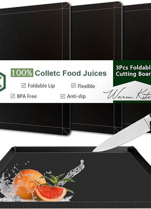 WK Flexible Plastic Cutting Boards Mats with Lip, Foldable Cutting Board for Kitchen Set of 3, Black Cutting Boards for Meat, Nonslip Cutting Mats Sheets, BPA Free, Dishwasher Safe