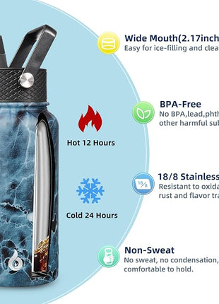 BJPKPK Insulated Water Bottles with Straw Lid, 27oz Stainless Steel Water Bottle with 3 Lids, Leak Proof BPA Free Metal Thermo, Mugs, Tumblers, Keep Cold Hot -Ocean