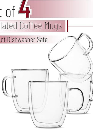 BTaT- Double Wall Glass Coffee Mugs, 12 oz, Set of 4, Clear Latte Cups, Insulated, Christmas Gifts