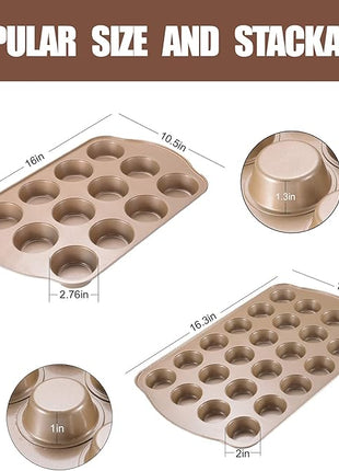 Nonstick Muffin & Cupcake Pan Set (2 Pack) - 12 Cup Regular + 24 Cup Mini Muffin Tins | Heavy Duty Gold Carbon Steel, Rust-Resistant, Easy Release