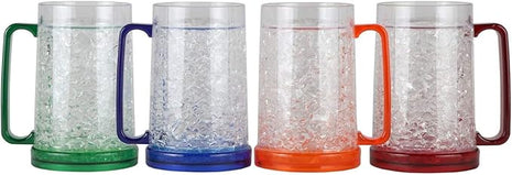 Lily's Home 16oz set of 4 Double Wall Gel-Filled Acrylic Freezer Stein Mugs, Great as Old Fashion Drinking Glasses at BBQs and Parties, Clear with Assorted Color Accents