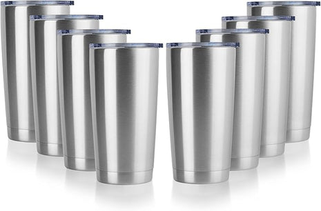 DOMICARE 20oz Stainless Steel Tumbler Bulk with Lid, Double Wall Vacuum Insulated Travel Mug, Powder Coated Coffee Cup, Stainless Steel, 8 Pack