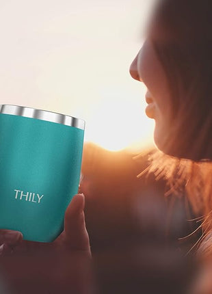 THILY Stainless Steel Stemless Wine Glass T1 Triple Vacuum Insulated Travel Wine Tumbler Cup with Lid and Reusable Straw, 12 oz, Keep Drinks Cold or Hot, Teal