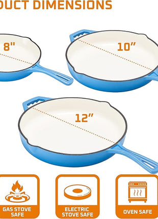 Bruntmor Pre-Seasoned Cast Iron Frying Pan Set - 8, 10, 12 Inch Blue Enamel Nonstick Skillets with Tempered Glass Lid - Oven Safe Egg and Grill Pan Set for Cooking, Searing, and Frying
