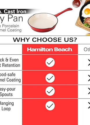 Hamilton Beach Enameled Cast Iron Fry Pan 8-Inch Red, Cream Enamel coating, Skillet Pan For Stove top and Oven, Even Heat Distribution, Safe Up to 400 Degrees, Durable