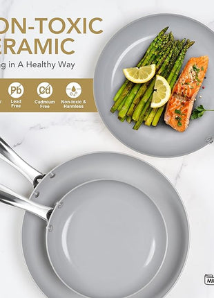 MICHELANGELO Non Stick Frying Pans - 10 Inch Frying Pan Nonstick with Lid, Nonstick Skillet with Lid, Non Toxic Frying Pan, Ceramic-Coated, Beige